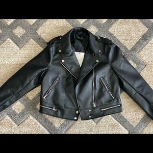 POCKETED FAUX LEATHER MOTO JACKET - BLACK - SIZE LARGE